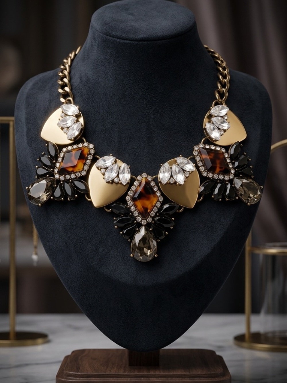 Vintage baublebar Necklace Brass Gold Tortoise and Marquise Geometric Stone 1935